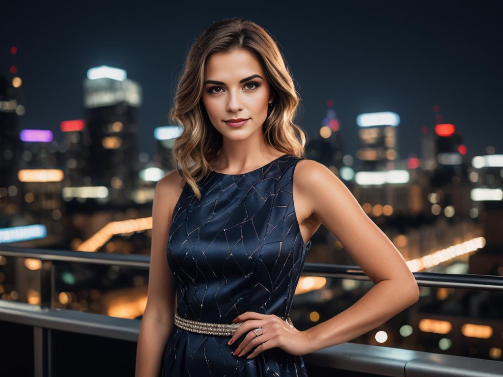 Confident Woman in Elegant Cocktail Dress at Rooftop Bar