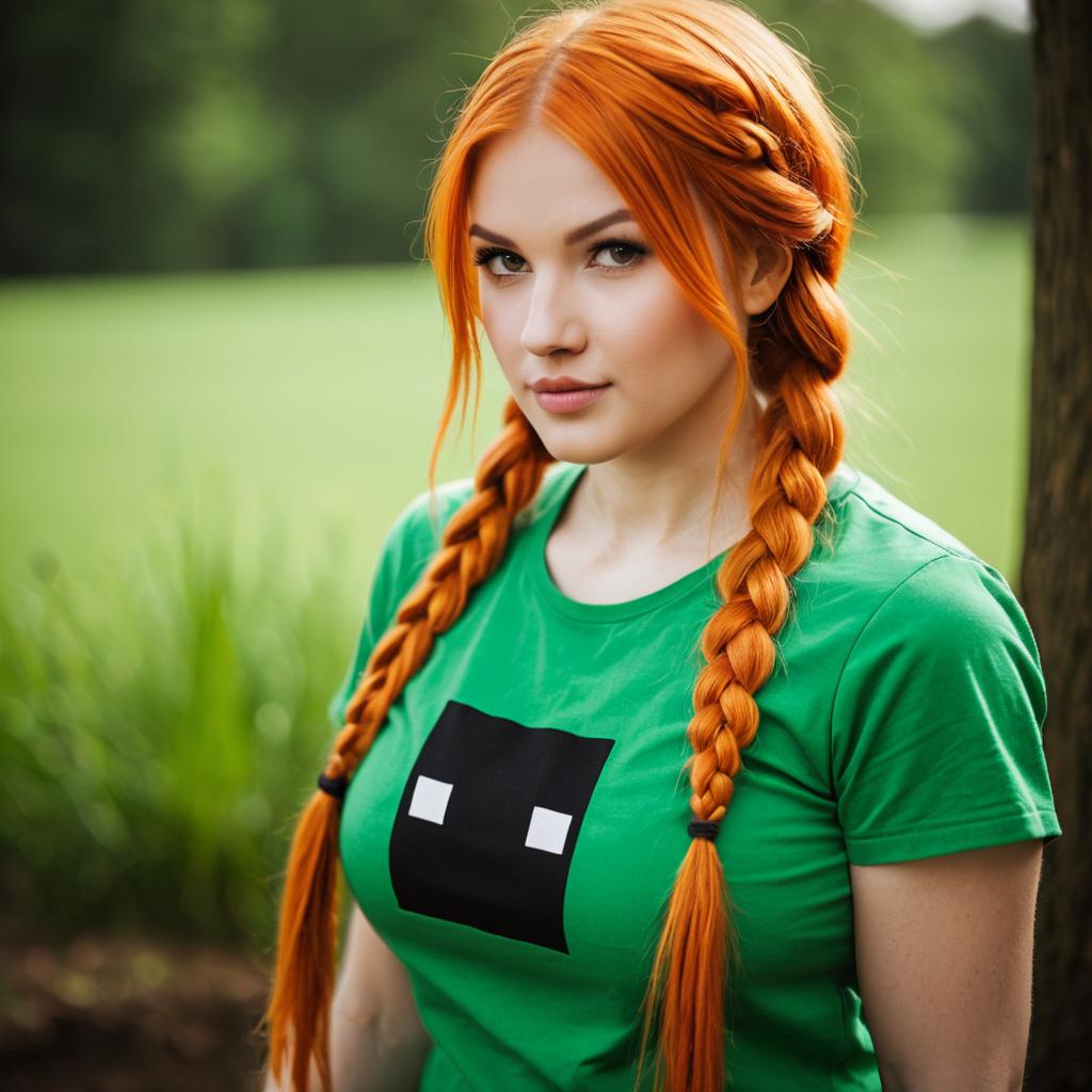 Young Woman with Orange Braids Wearing Minecraft Inspired Green T-Shirt Outdoors
