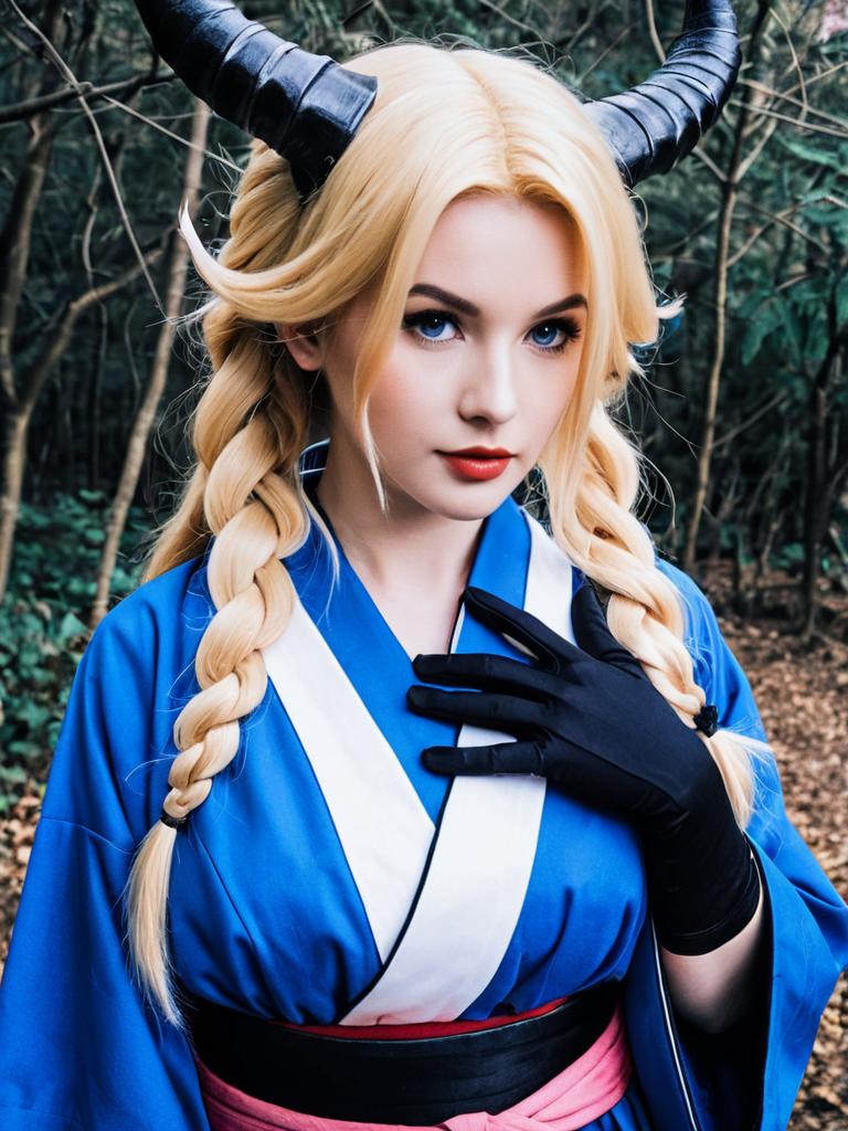 Realistic Blue Archive Cosplay with Blonde Hair and Horns