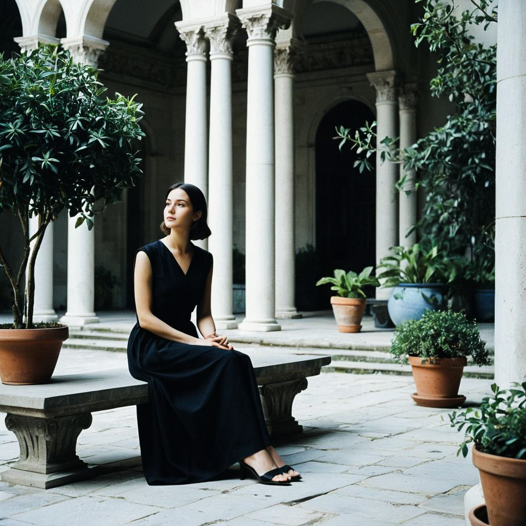 Woman in Black Dress in Classical Courtyard