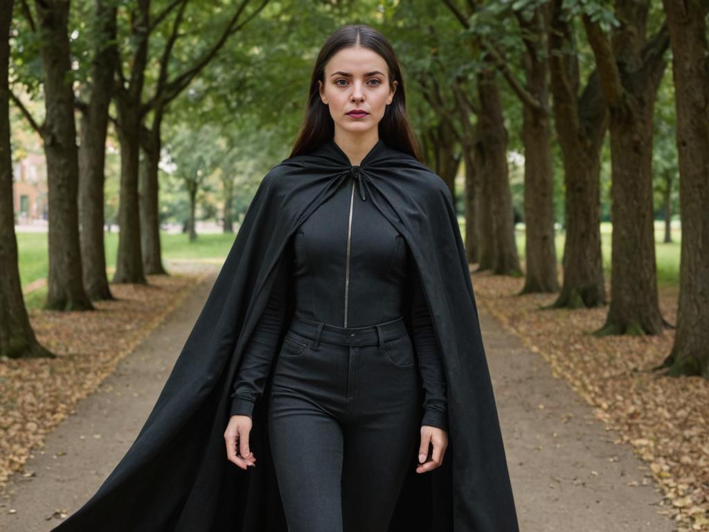 Woman in Black Cape on Tree-Lined Path