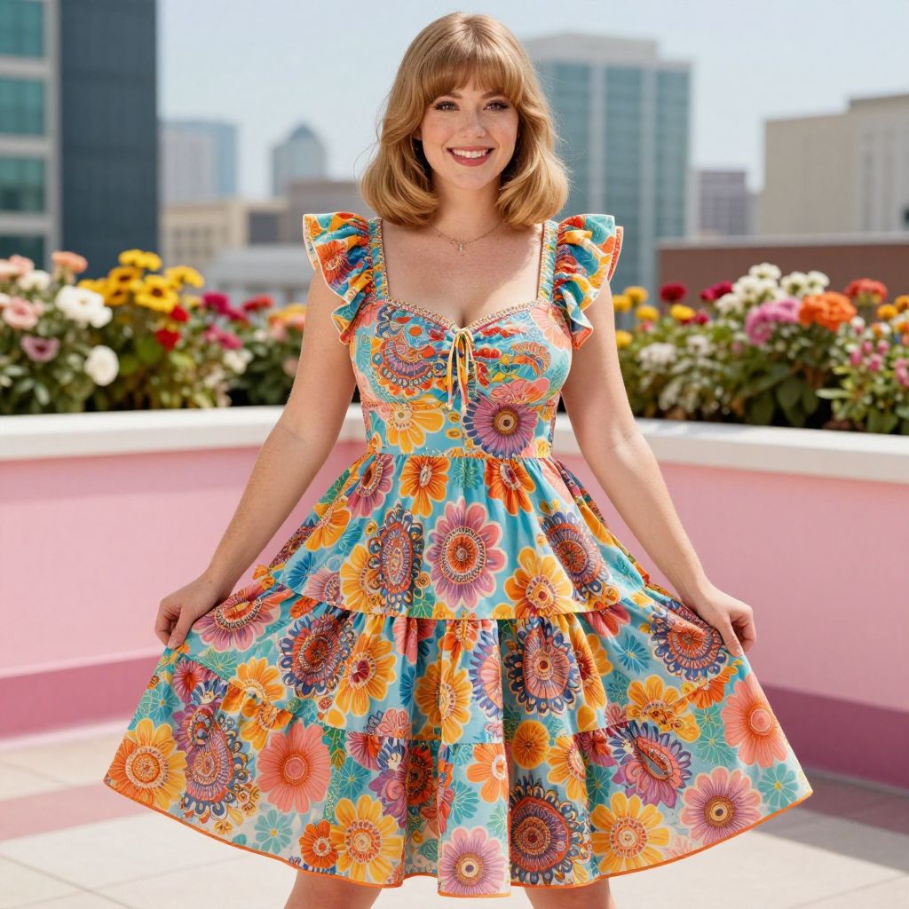 Woman Wearing Colorful Floral Dress with Ruffled Sleeves on Rooftop