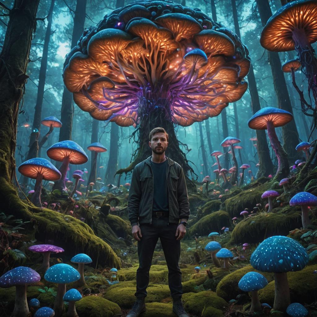 Man in Surreal Forest with Luminous Mushrooms