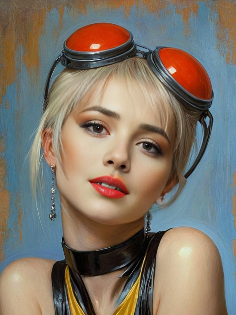 Blonde Woman in Red Goggles with Steampunk Vibe