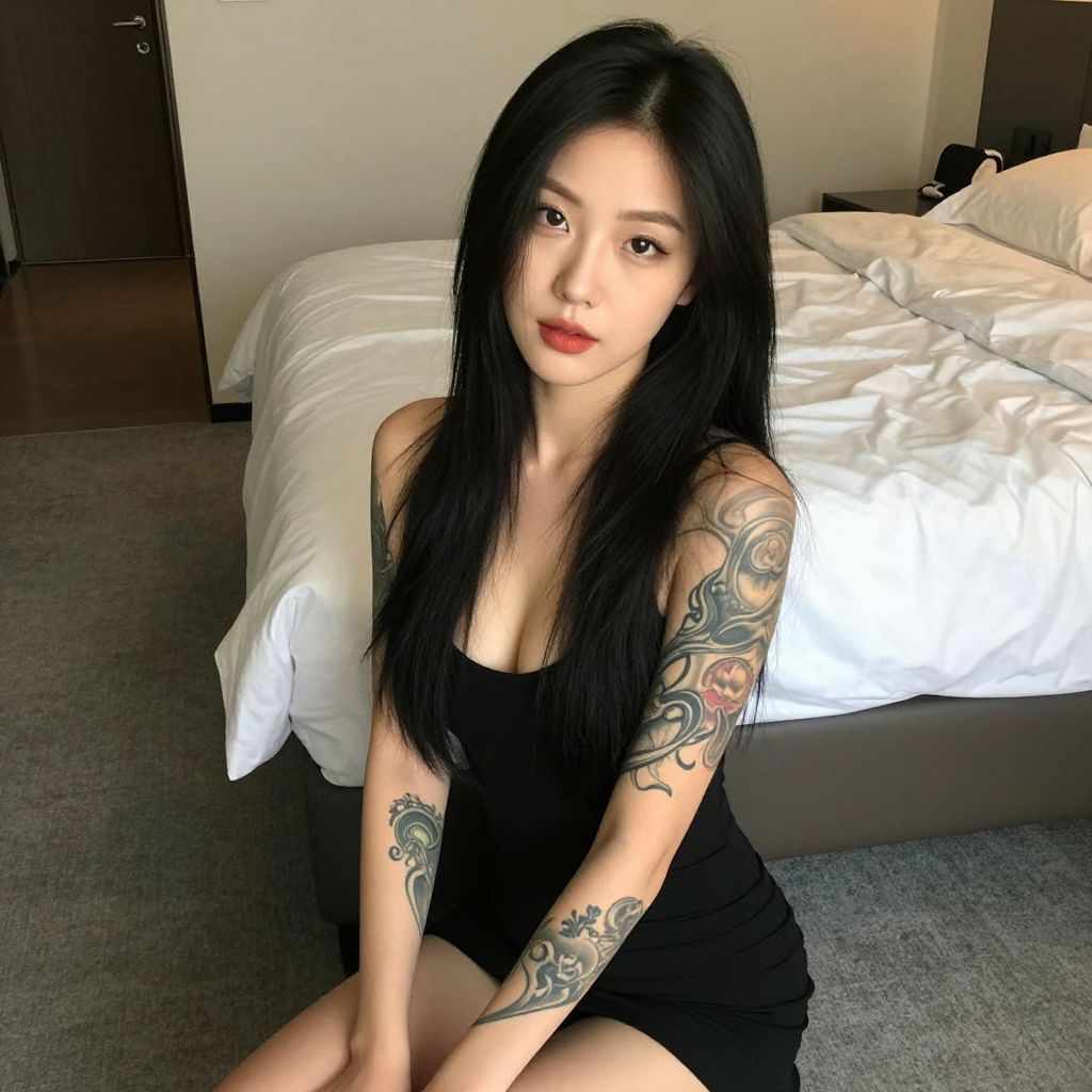 Young Woman with Tattoos in Black Dress Sitting in Modern Bedroom