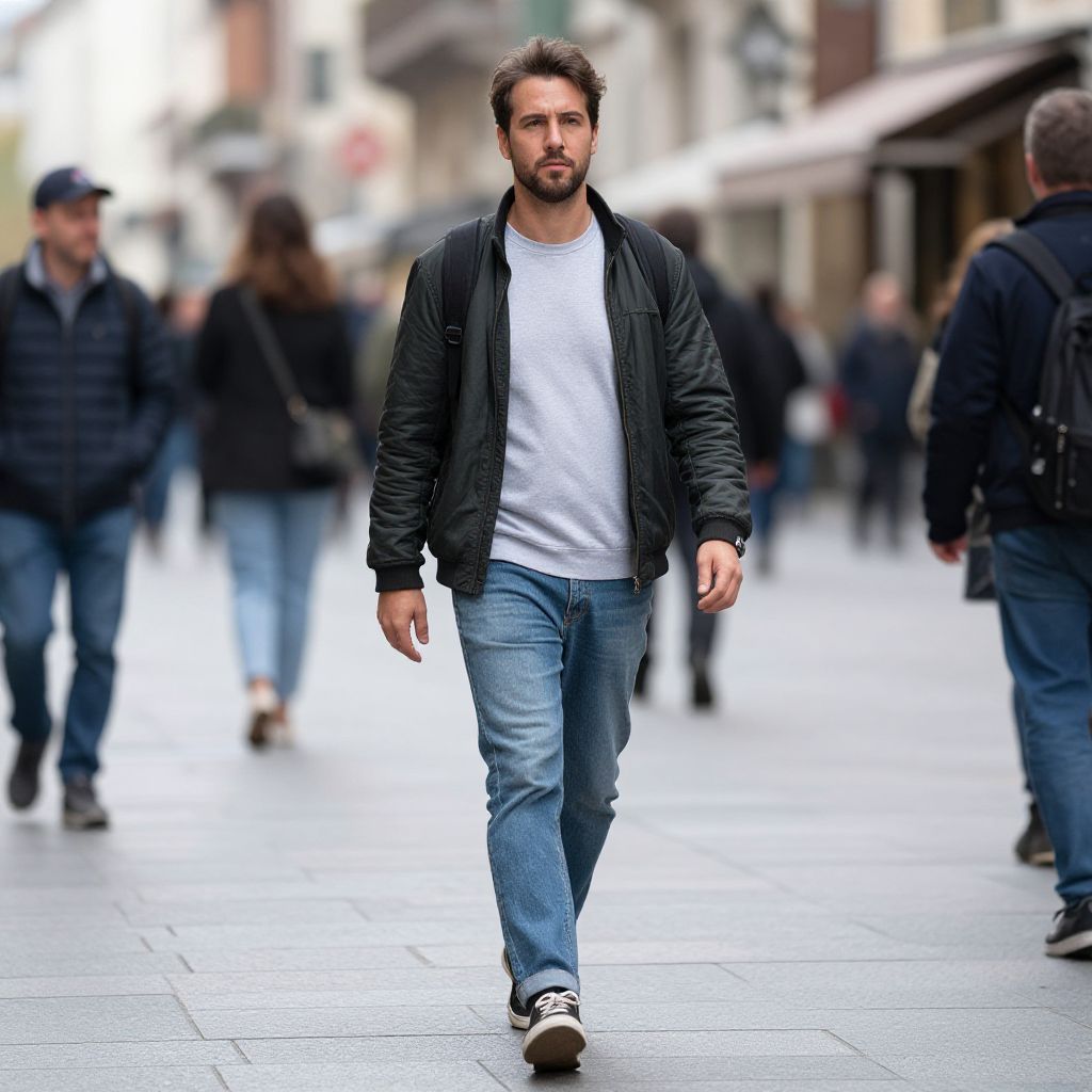 Young Man Walking on Busy Urban Street in Casual Outfit