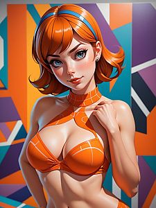 Digital Illustration of Red-Haired Woman in Orange Outfit with Geometric Background