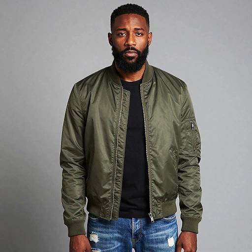 Young Black Man Wearing Olive Green Bomber Jacket and Distressed Jeans