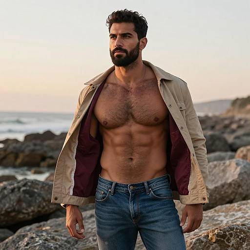 Muscular Bearded Man in Open Jacket on Rocky Beach at Sunset