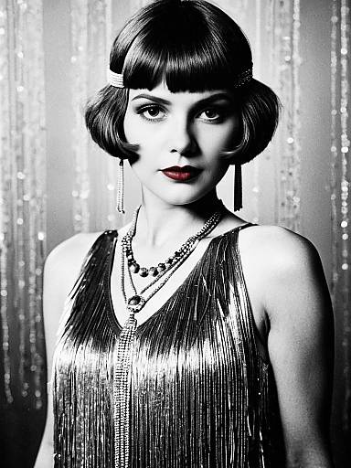Elegant Woman in Silver Fringed Flapper Dress with 1920s Vintage Style