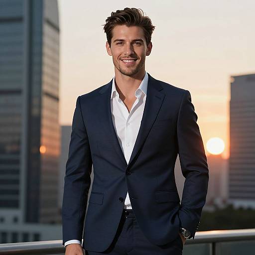 Confident Young Man in Navy Blue Suit on Rooftop at Sunset