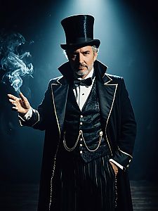 Man in Magician Costume Waist Up Editorial Portrait with Dramatic Lighting
