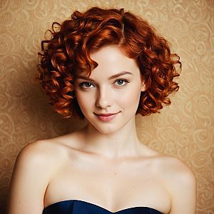 Portrait of Young Woman with Red Curly Hair and Navy Blue Strapless Top