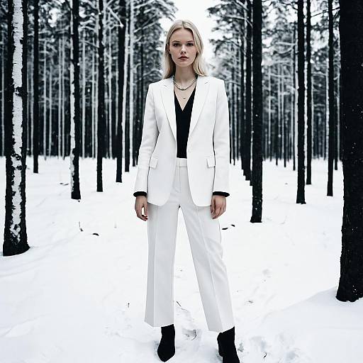 Elegant Woman in White Suit Standing in Snowy Forest Winter Fashion