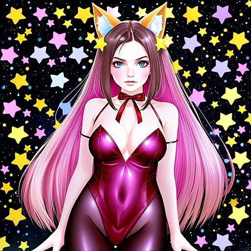 Anime Woman with Fox Ears and Starry Background in Shiny Magenta Bodysuit