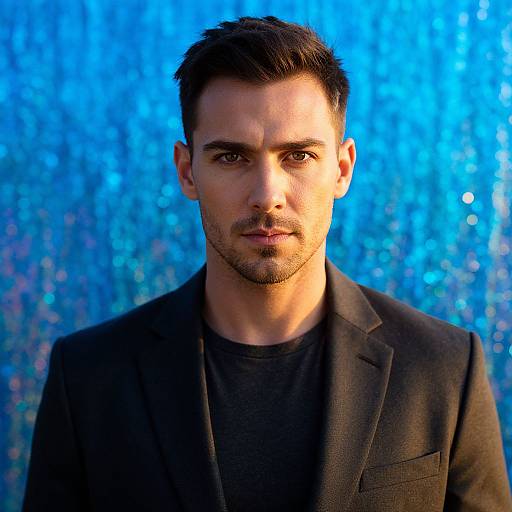 Stylish Young Man in Black Blazer with Blue Bokeh Background