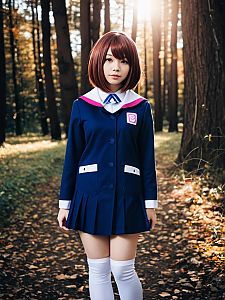Realistic Woman Cosplaying Ochaco Uraraka Costume in Forest Setting