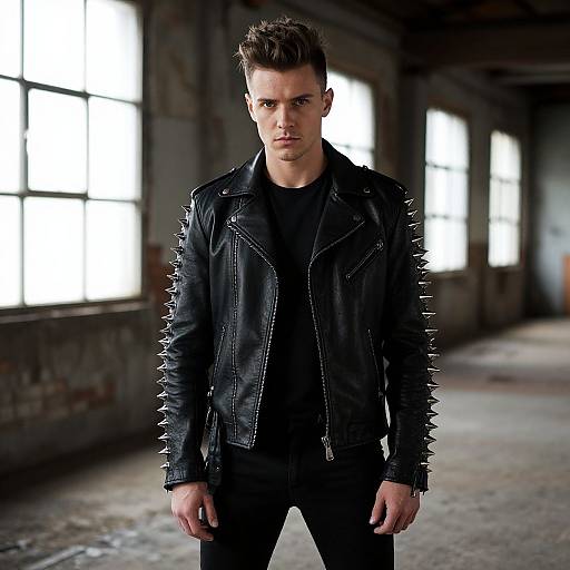 Young Man Wearing Black Leather Spiked Jacket in Industrial Setting