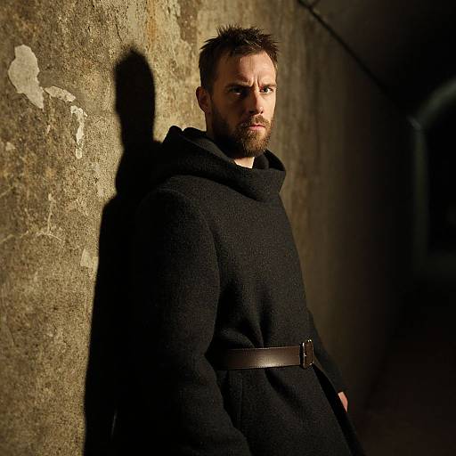 Portrait of Man in Dark Coat Leaning Against Stone Wall