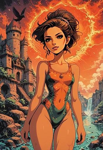 Anime Style Fantasy Woman with Medieval Castle and Fiery Sky