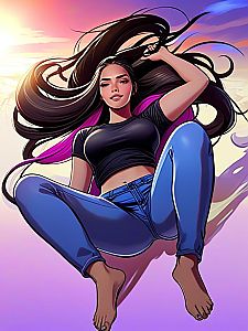Young Woman Digital Illustration with Long Hair and Jeans at Sunset