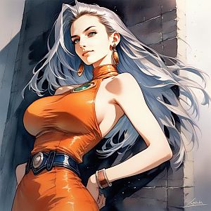 Confident Woman in Orange Dress with Silver Hair