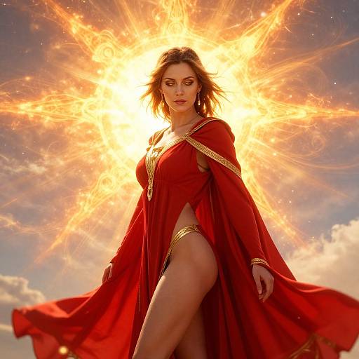 Fantasy Woman in Red Gown with Glowing Mystic Sun Background