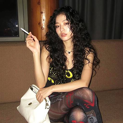 Portrait of a Woman Smoking in Stylish Outfit with Patterned Tights and White Handbag