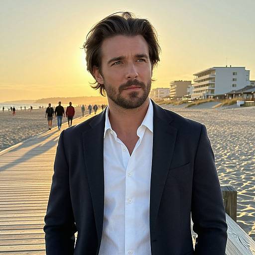Man on Beach Boardwalk at Sunset in Blazer and White Shirt