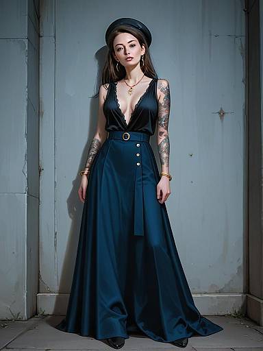 Retro-Inspired Woman in Sleeveless Blue Dress with Tattoos Full Body Portrait