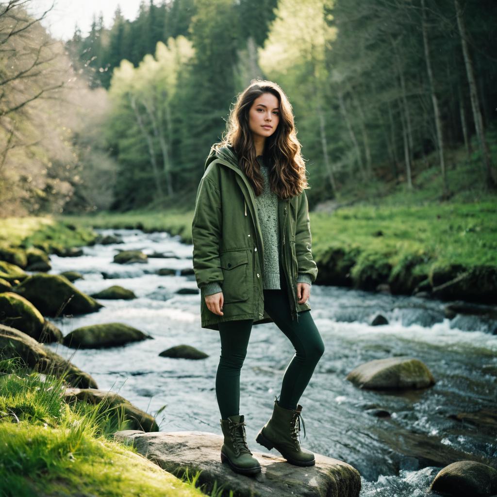 Young Woman in Green Attire by River