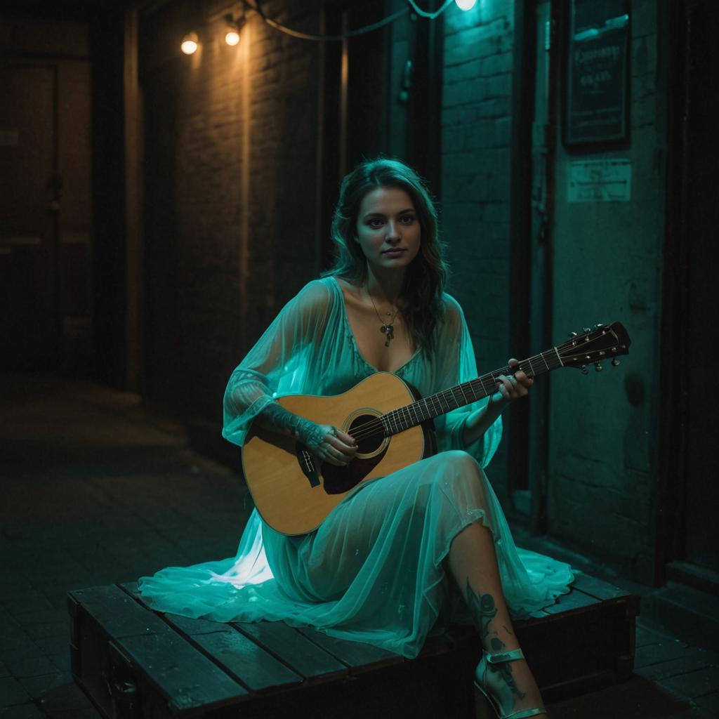 Woman with Guitar on Wooden Crate in Dim Lighting