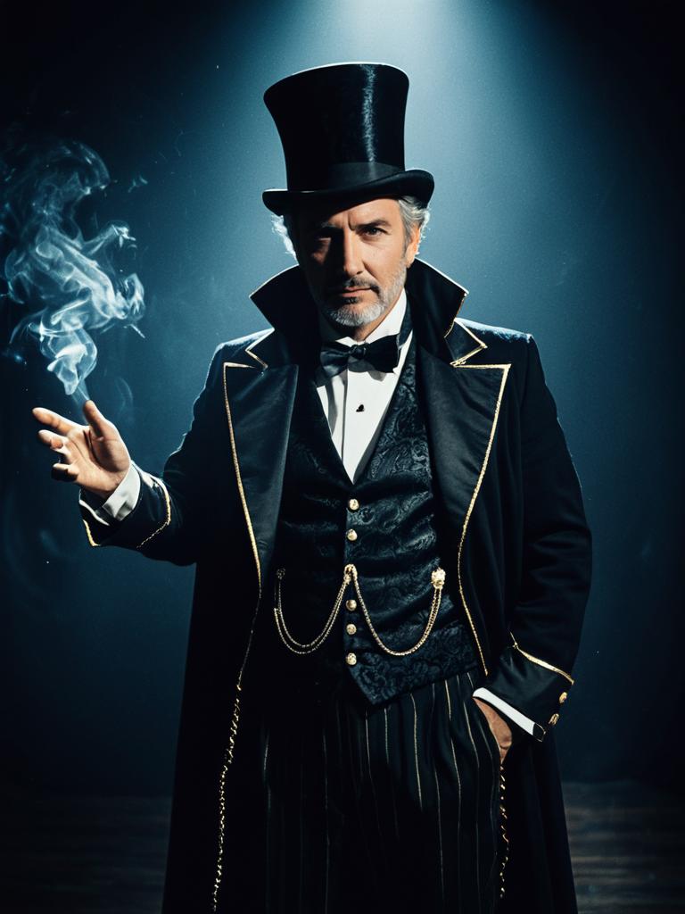 Man in Magician Costume Waist Up Editorial Portrait with Dramatic Lighting