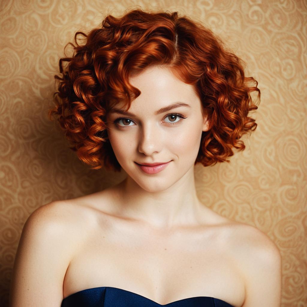 Portrait of Young Woman with Red Curly Hair and Navy Blue Strapless Top