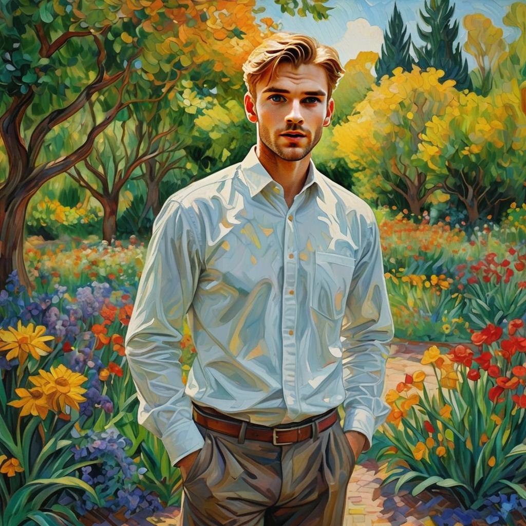Young Man in Colorful Garden