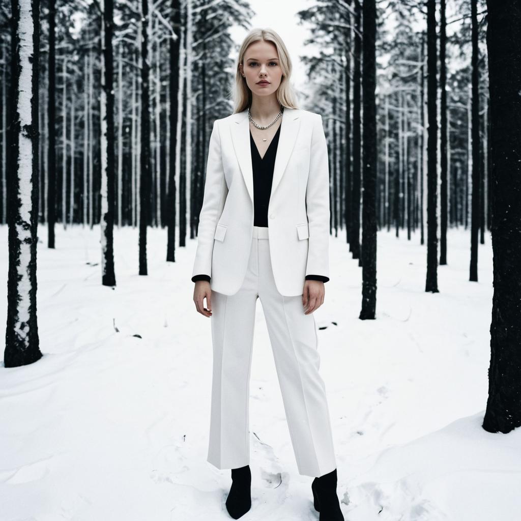 Elegant Woman in White Suit Standing in Snowy Forest Winter Fashion