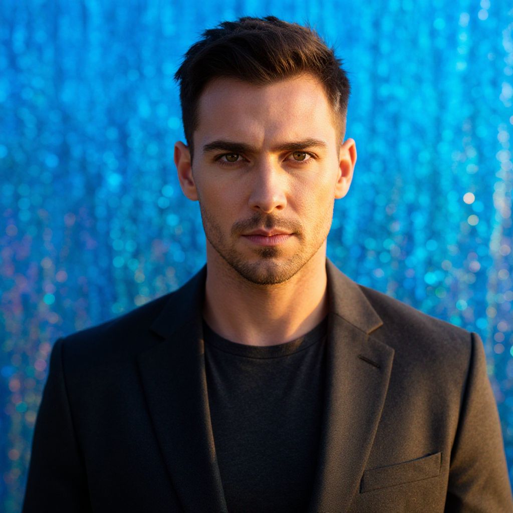 Stylish Young Man in Black Blazer with Blue Bokeh Background