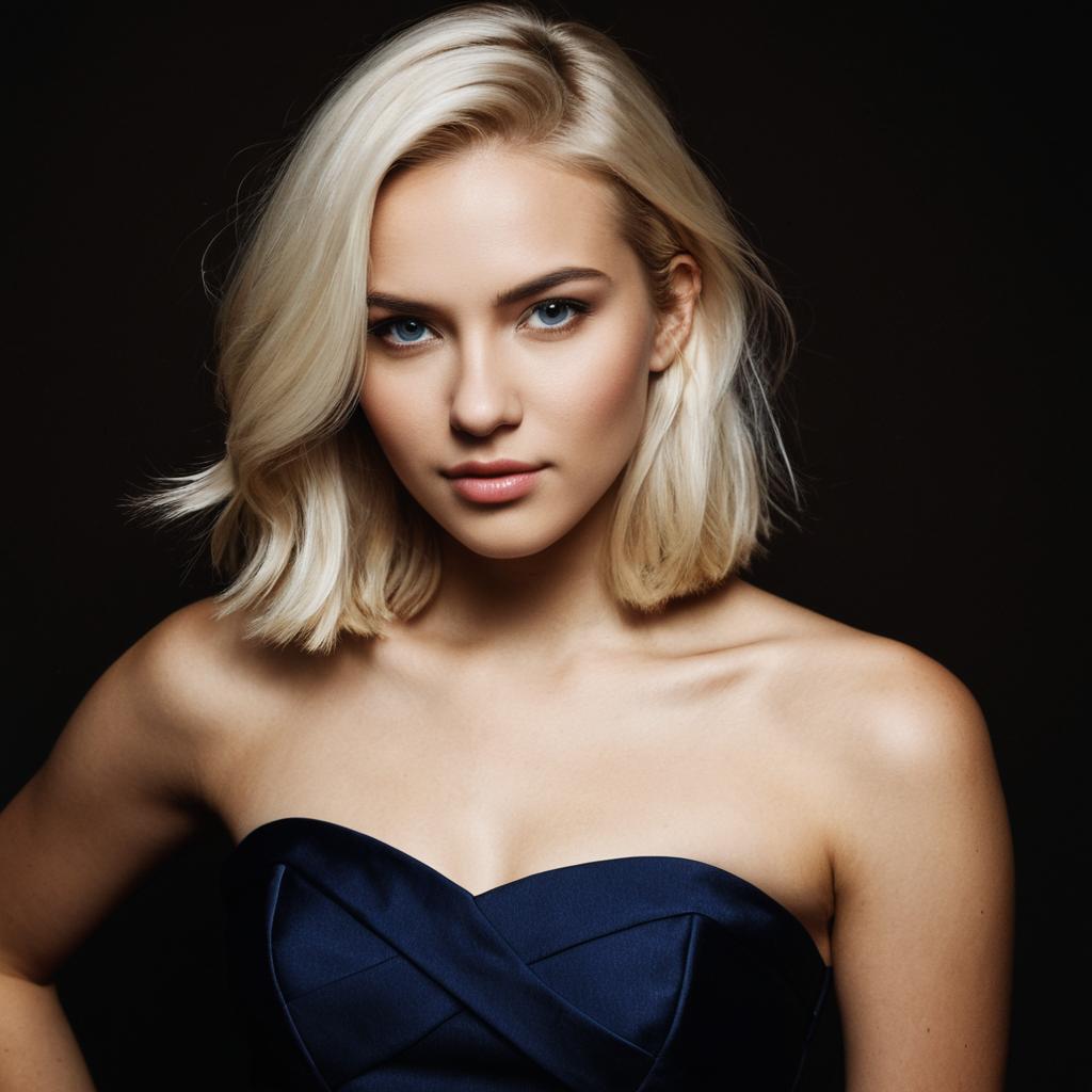 Portrait of Blonde Woman in Navy Blue Dress with Elegant Studio Lighting