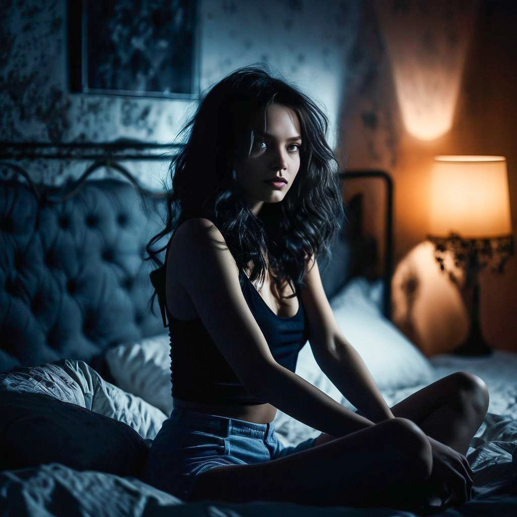 Contemplative Young Woman in Dimly Lit Room Contemplative Young Woman in Dimly Lit Room