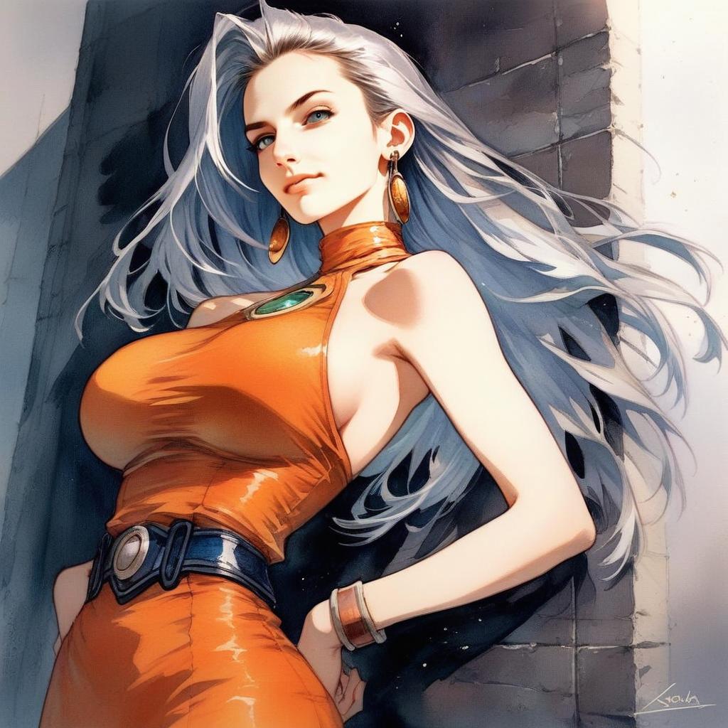 Confident Woman in Orange Dress with Silver Hair