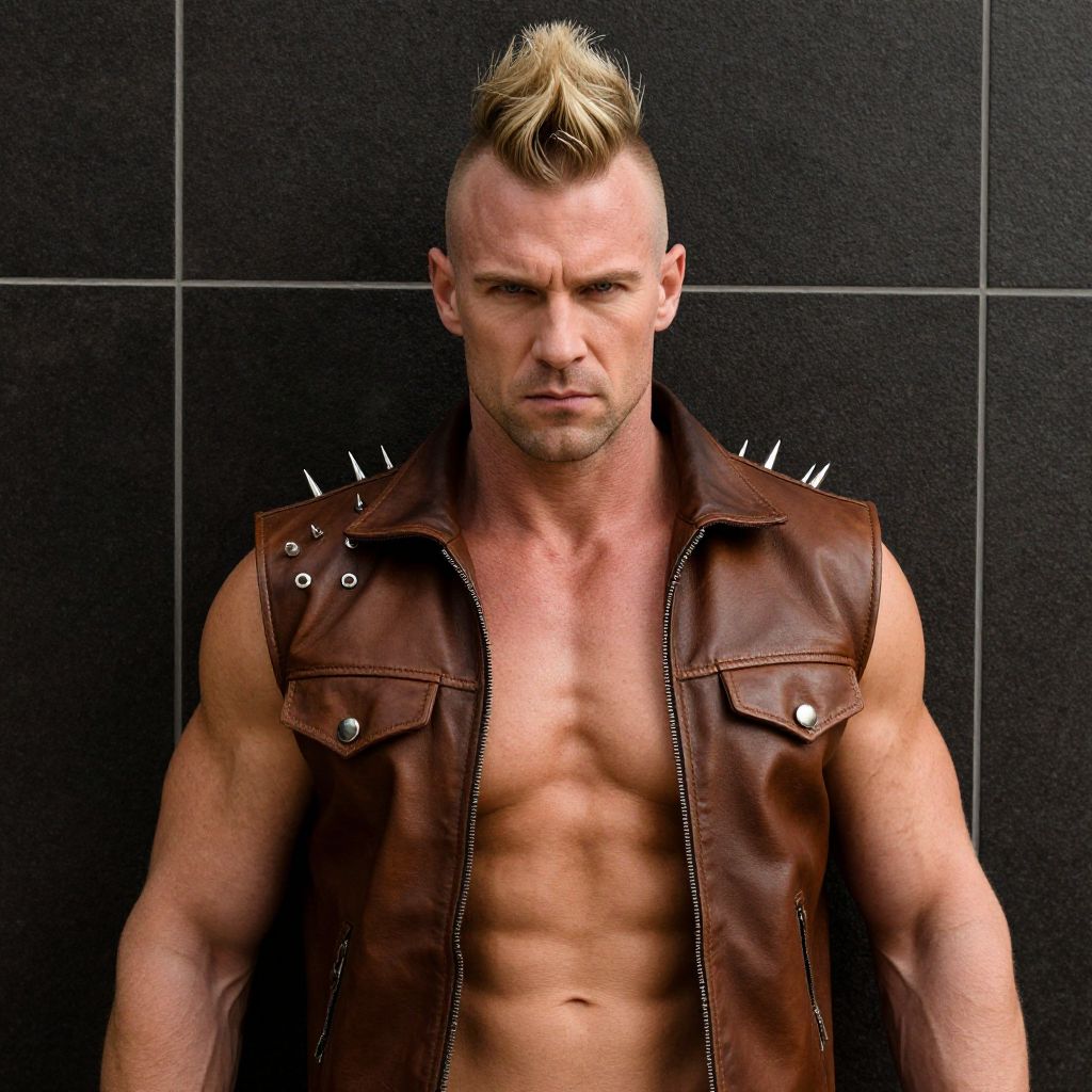 Muscular Punk Man in Brown Leather Vest with Spikes and Blonde Mohawk