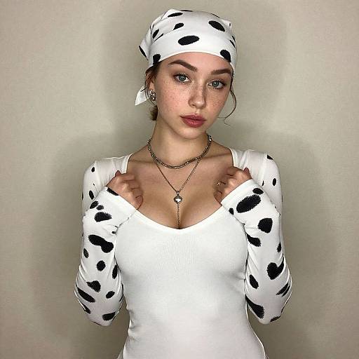 Young Woman in White Spot Patterned Long Sleeve Top and Headscarf