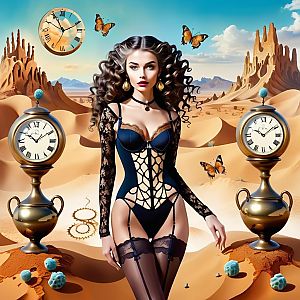Woman in Black Lingerie in Surreal Desert Landscape