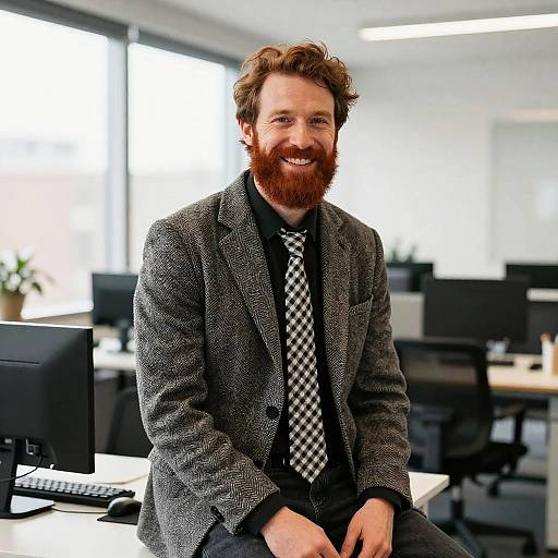 Young Red-Bearded Man in Gray Blazer Sitting in Modern Office