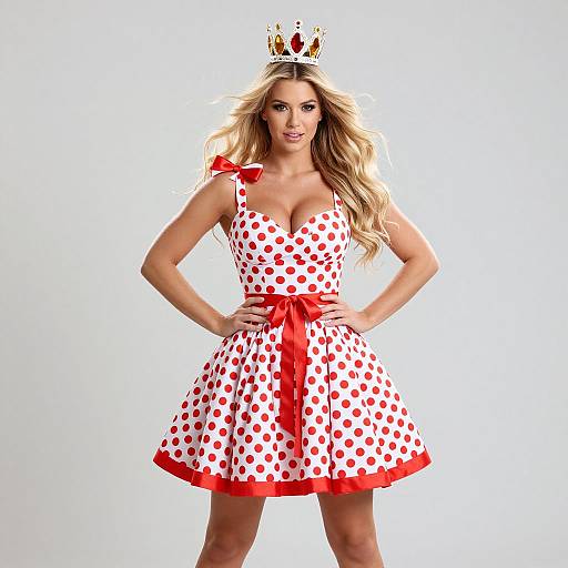 Woman in Retro Polka Dot Dress and Jewel Crown