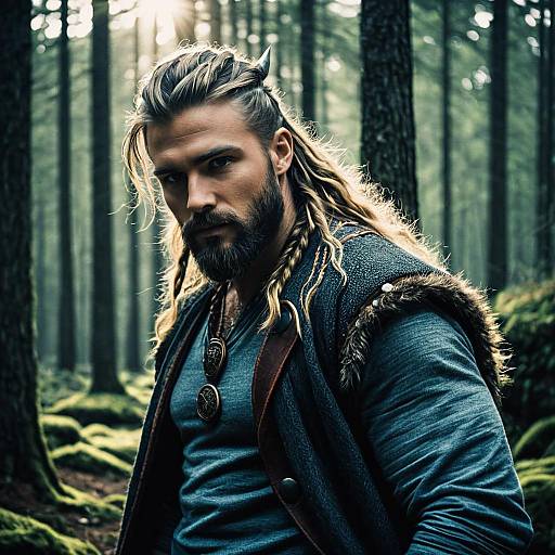 Medieval Viking Man with Braided Hair in Forest