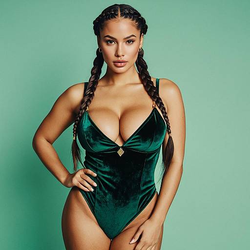 Confident Woman in Green Velvet Bodysuit with Braided Hair