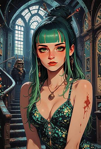 Anime Style Fantasy Woman with Green Hair and Samurai in Grand Hall