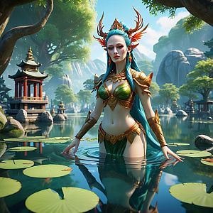 Mystical Woman in Golden Armor in Serene Pond