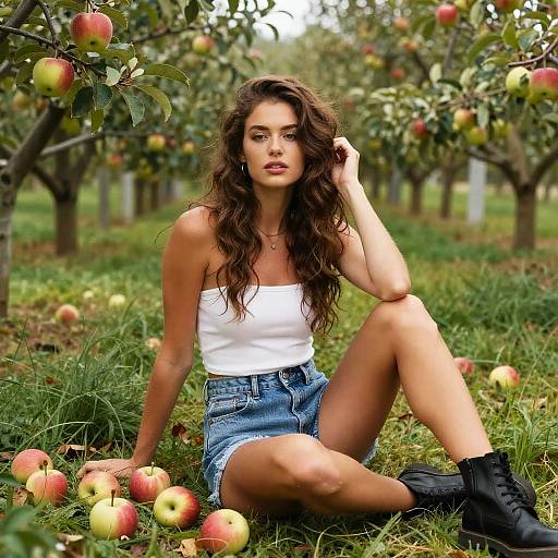 Young Woman Sitting in Apple Orchard Wearing Denim Shorts and Tube Top